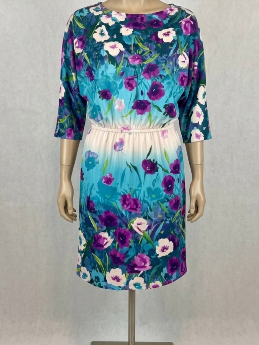 R & K Originals Jewel Neckline Watercolor Floral Print 3/4 Sleeves Dress Size 16